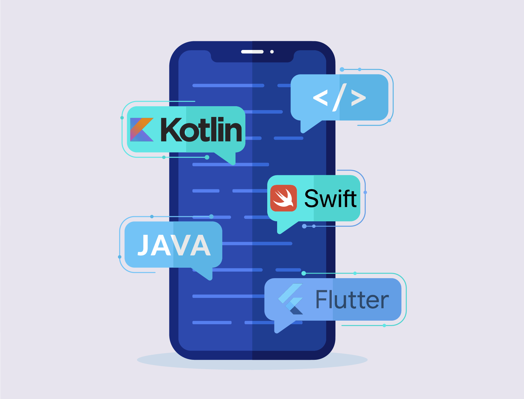 React native, flutter, kotlin, swift logos on Iphone screen